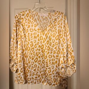 Women’s Plus 1X Blouse Long Sleeve Shirt Belle by Kim Gravel White Gold Leopard